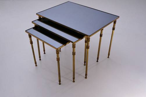 Maison Jansen nesting tables a trio brass frames & blue mirror, 1950`s, French